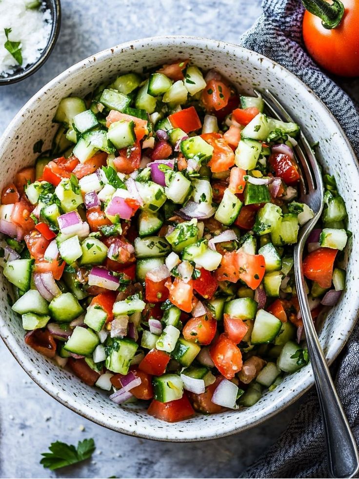 Mediterranean Salad with Cucumber, Tomato, and Onion