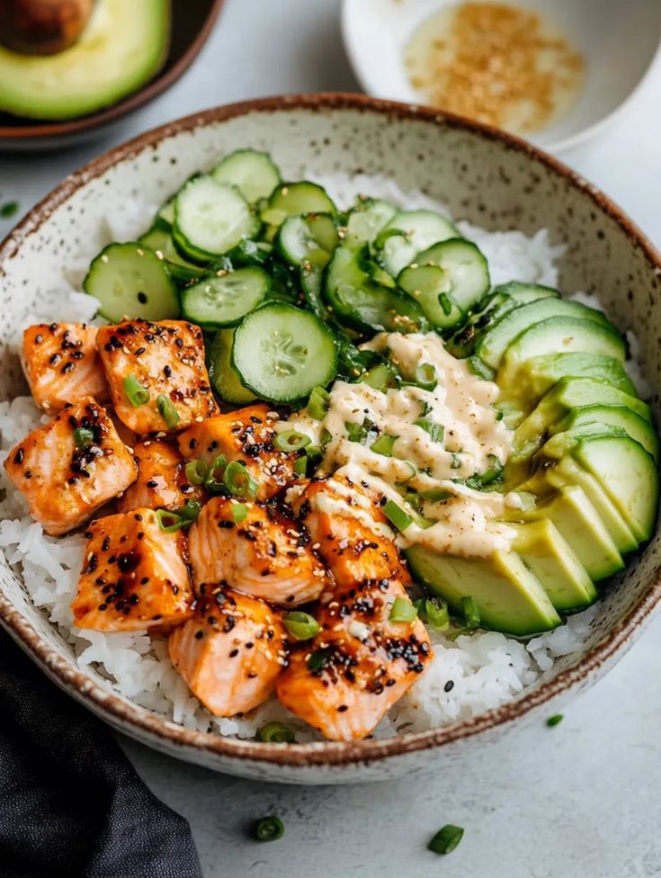 Spicy salmon bowl with coconut rice
